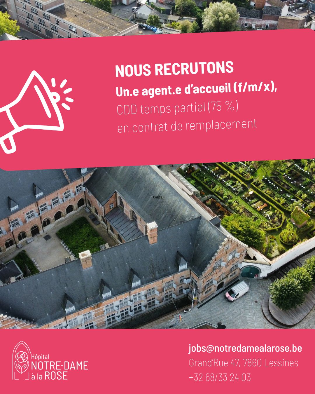 L’ASBL Office de Tourisme-Musée de l’Hôpital Notre-Dame à la Rose de Lessines est à la recherche d’un.e Agent.e d’accueil (f/m/x) en contrat de remplacement (CDD temps partiel 0.75ETP) pour une entrée en fonction dès le mois d’octobre.
