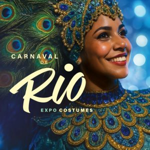 Photo d'une femme portant une coiffe et un costume de plumes de paon, faisant la promotion de l'exposition sur les costumes du carnaval de Rio au Musée de la Vie Wallonne à Liège. Utiliser pour faire la promotion du cycle de rencontres professionnelles organisé par Musées et Société en Wallonie.